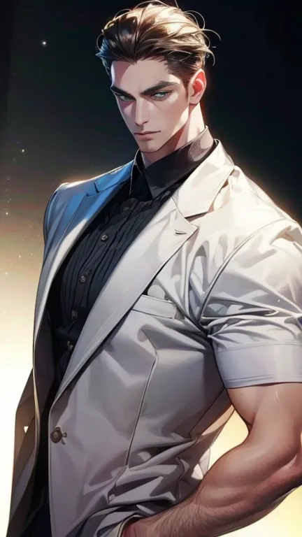 (  best quality,4K,8k,   highres,  masterpiece :1.2),  posture high resolution, white dress shirt ,(Realistic,photoRealistic,photo-Realistic:1.37),36-year-old man,3 day beard,Beautiful anime,Portraits,strong,masculine,     with dark hair  ,sharp jaw,      ...