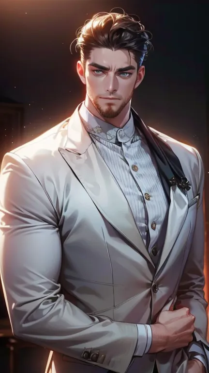 (  best quality,4K,8k,   highres,  masterpiece :1.2),  posture high resolution, white dress shirt ,(Realistic,photoRealistic,photo-Realistic:1.37),36-year-old man,3 day beard,Beautiful anime,Portraits,strong,masculine,     with dark hair  ,sharp jaw,      ...