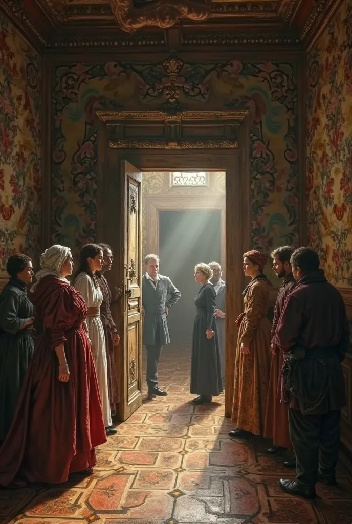 Women and men of the 16th century are amazed when they open the door of a room and it is empty.