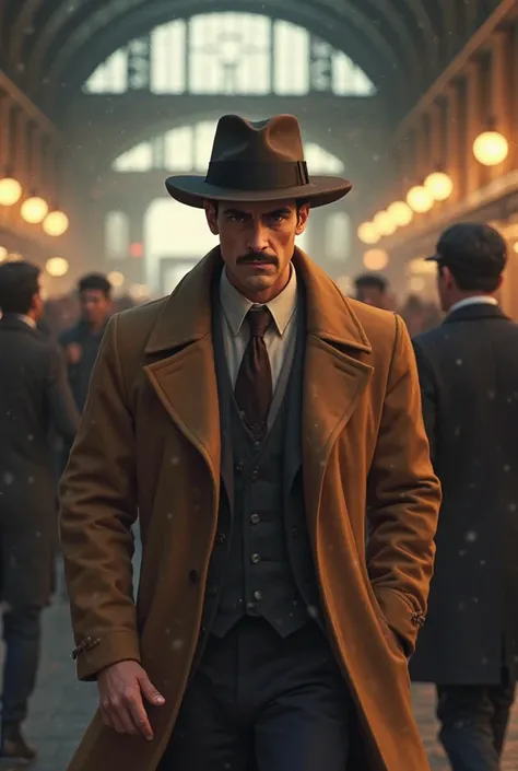  I want an animation of a handsome forty year detective who has a whistling mustache and a light beard and wears a round hat and a long camel coat chasing a criminal at the train station 