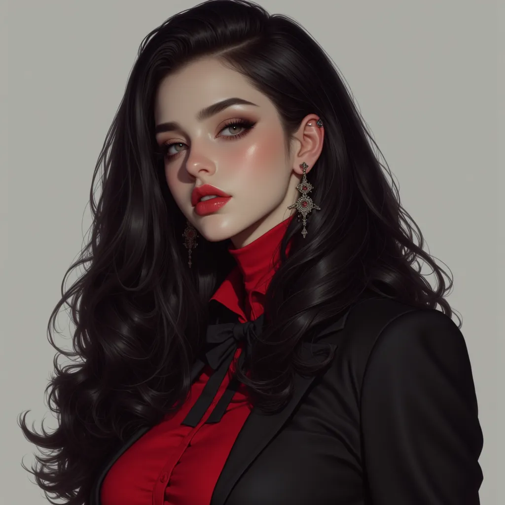 young girl. Black hair. Long wavy hair. Black eye. Sharp eyes. Very big boobs. Red lipstick. Looks at viewer. Smile at viewer. Wearing business clothes. Villainess. Clear face. Person. 