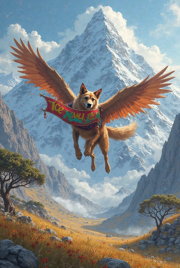 Create a flying dog on a high altitude mountain with savannah grass land. Holding a banner written as Tambul ice Kange