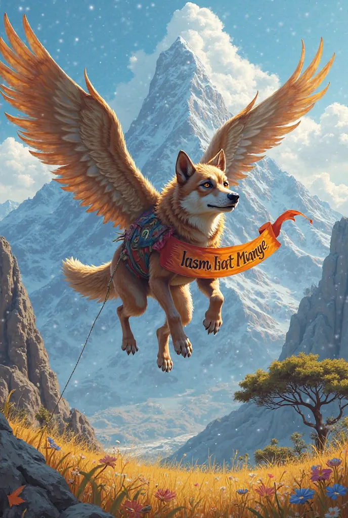 Create a flying dog on a high altitude mountain with savannah grass land. Holding a banner written as Tambul ice Kange