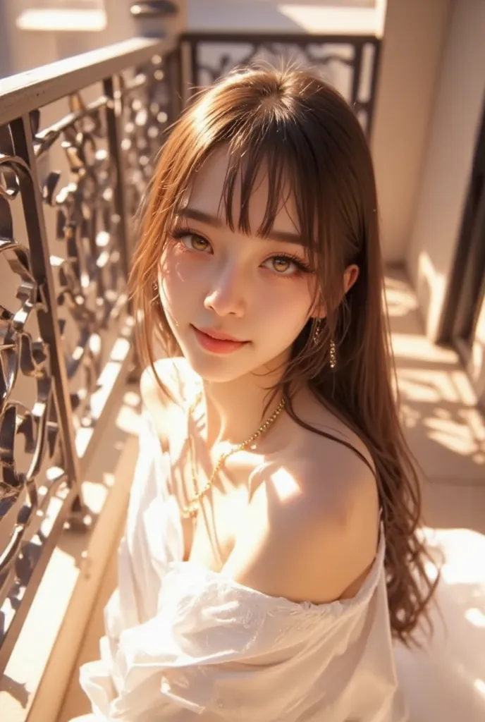 balcony, detailed eyes, black eyes, narrow eyes,light smile, diagonal bangs, absurdly long hair, ahoge, brown hair, Chest, detailed gradient background, sunlight, glamorous and sexy, white sexy costume, Beautiful simple Dress, dynamic angle, neat-girl, 