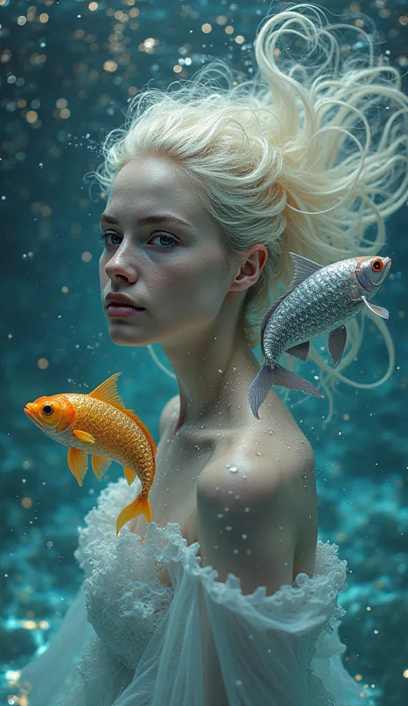 An ultra-realistic representation of the Pisces sign. A mystical figure with traits ethereal and ethereal, with deep eyes that reflect the starry ocean. Your hair floats softly as if submerged, blending with the surrounding aquatic environment. Two luminou...