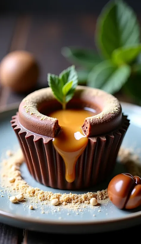 Hgraphic elements, Dynamic Light, Cinematics, HDR, UHD, professional PHOTOGRAPH OF:

"An elegant presentation of Hazelnut Custard served within a chocolate lava cake cup, where the soft, warm cake shell surrounds a rich hazelnut center oozing out when cut....