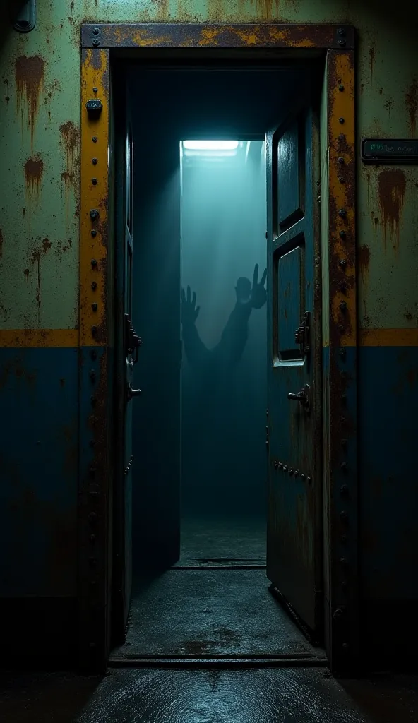 A rusty train door creaking open on its own, revealing a pitch-black interior. A cold mist seeps out from inside, and shadowy hands seem to reach towards the opening. The sound of the creaking door fills the eerie silence.