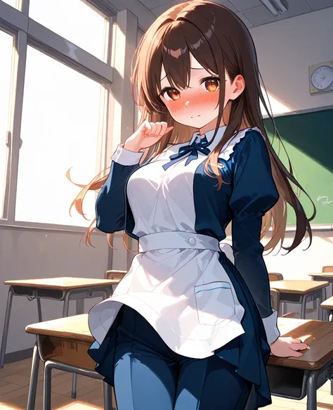 high quality、One Girl、embarrassed face、 women's uniform、classroom、 pants in full view 