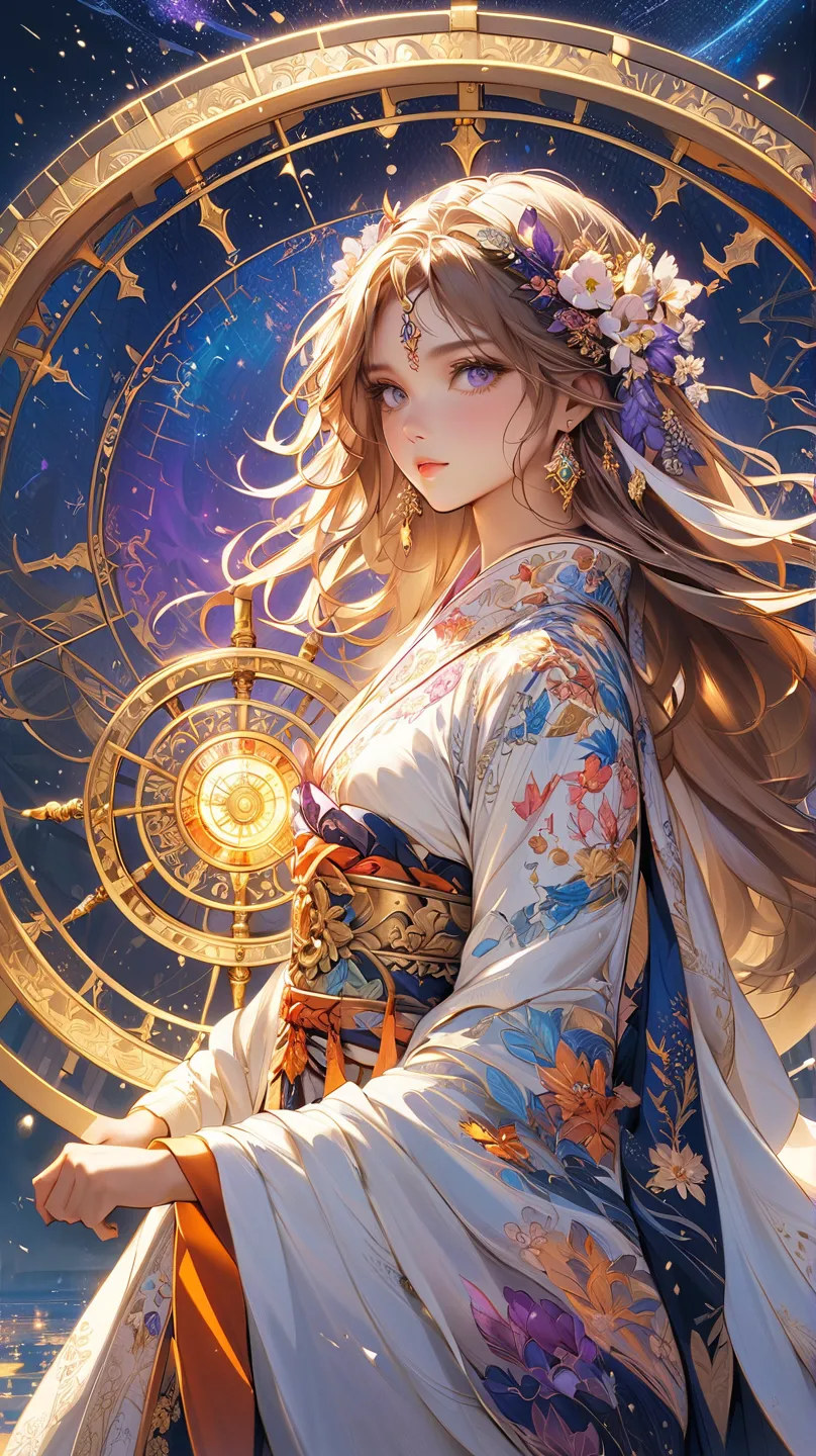 Artwork with a fantastical and magnificent atmosphere. **A beautiful woman stands gracefully in the center of the Wheel of Fortune. Her long hair dances in the wind, and her eyes have a mysterious glow as if gazing into the distant future. Behind her, the ...