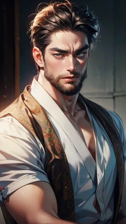 (    best quality,4K,8k,    highres,    masterpiece :1.2),    breasts    ,(Realistic,photoRealistic,photo-Realistic:1.37),36-year-old man,3 day beard,Beautiful anime,Portraits,strong,masculine,      with black hair  ,sharp jaw,        mesmerizing eyes     ...