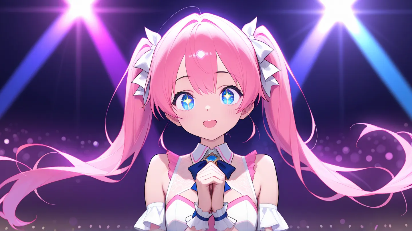 idol、 stage、 long pink twin tails、dance、ピンクとホワイトのフリルが付いたidolドレス、with bangs、Sparkling eyes、is young、Japanese anime style、Cute expression、dancing happily、 stage上のライトが照らす、Shining in the spotlight、gorgeous shades of pink and white、Delicate Texture、well-groomed...