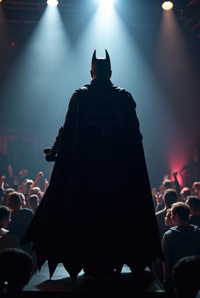 A rapper wearing a Batman robe carries a wireless microphone above the stage and the audience is below 