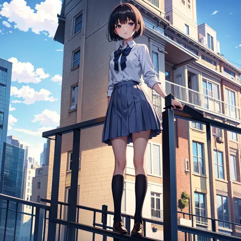 1girl,a beautiful girl,short hair,high school uniform,standing,balcony,[cloud],ultra-detailed