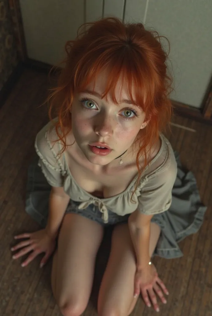 Realistic photo of a cute short petite shy redhead Russian high school girl kneeling. View from above. She has a perfect thin waist and a diminutive body. She gives viewer a surprised shocked look. She wears a semi-transparent thin shirt, a choker and a sh...