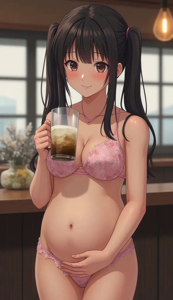 ((Izakaya,Girl standing on her knees facing the front with good posture:3,))
((pregnant woman holding a large mug with pee in a pink lace micro bikini with her stomach bare:6,))
((((Girl smiling and blindfolded:4,))))break,
(( long black hair twin tails ,)...