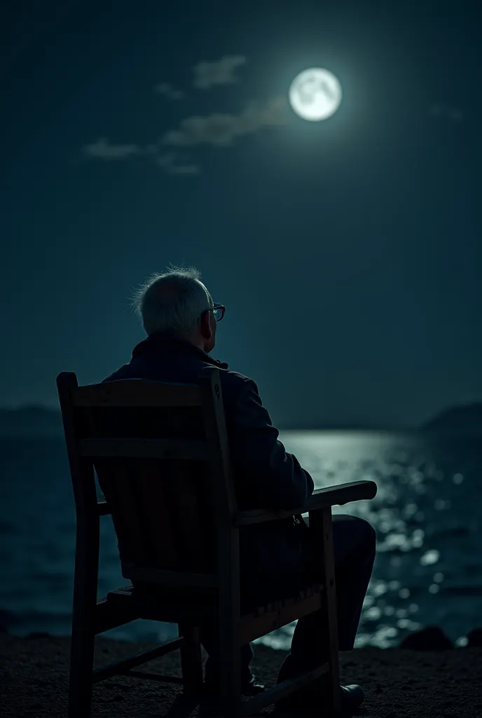 a ager man sitting in a chair near coast at night the background is dim black