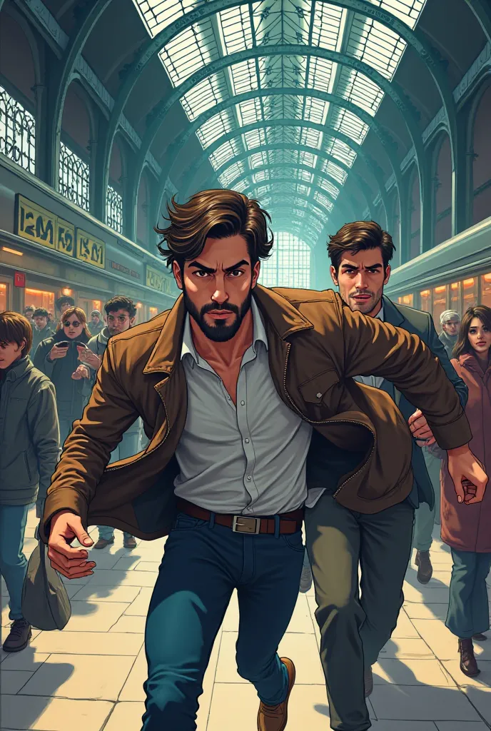 I want the detective to be younger and handsome and have a beard and I want the picture anime or animation and I want him chasing a criminal at the train station 