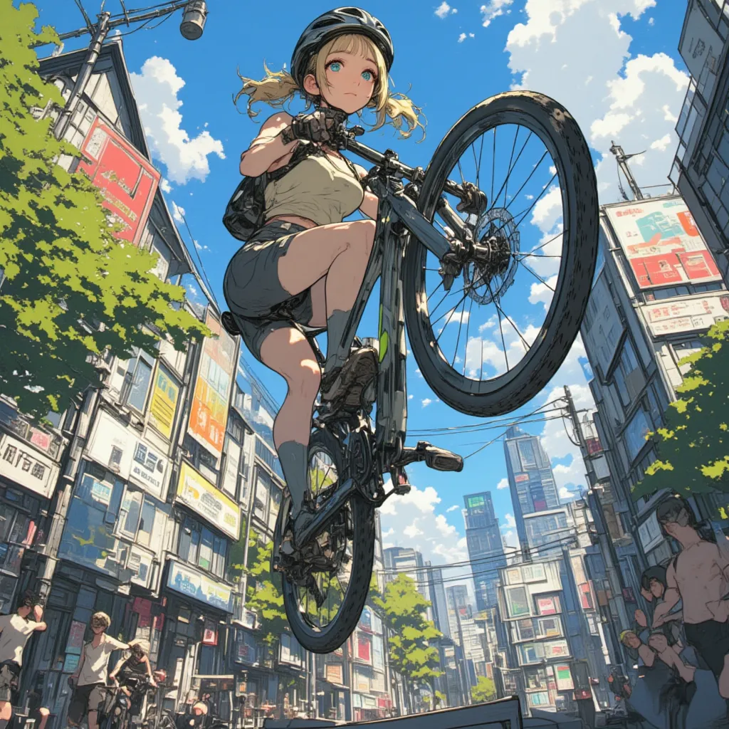 A young, light-skinned woman, likely in her late s or early twenties, is depicted in a dynamic action shot.  She is performing a bike trick,  with her legs positioned in mid-air, balanced on a bicycle. Her blonde hair is styled in pigtails. She wears a lig...