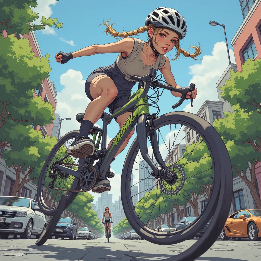 A young, light-skinned woman, likely in her late s or early twenties, is depicted in a dynamic action shot.  She is performing a bike trick,  with her legs positioned in mid-air, balanced on a bicycle. Her blonde hair is styled in pigtails. She wears a lig...