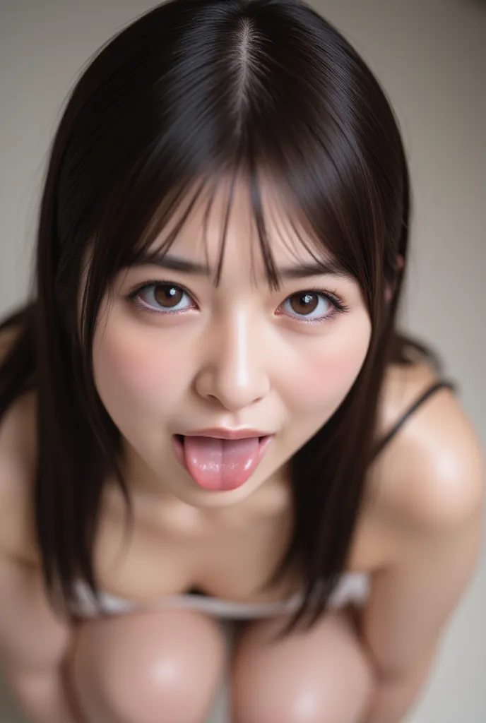 Photorealistic, 8k, 1 girl, Japanese, slightly damp black hair, long hair, low pigtails, nude, medium breasts, looking into the camera while standing on knees, mouth wide open, showing wet tongue, just the right length of naughty tongue, pretty face, prett...