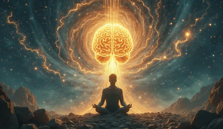 A powerful and striking miniature for a YouTube video on how to unblock wealth using neuroscience and spirituality. The image must present a brilliant human brain connected to a cosmic energy field, symbolizing consciousness shaping reality. A silhouette o...