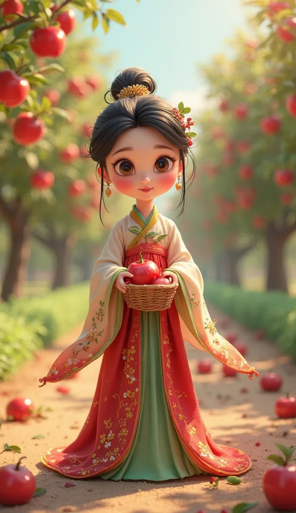 "A stunning traditional Chinese Hanfu design inspired by apples, blending elegance and whimsy. The Hanfu is in vibrant apple colors—rich reds and greens with subtle gradients, resembling the skin and flesh of a ripe apple. The fabric has a glossy texture, ...