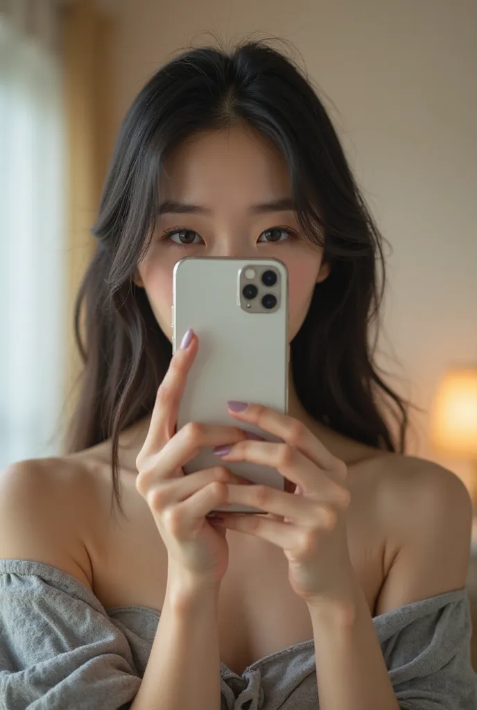 Top Quality、super high quality、Young Japanese woman、Keep it clean {x} Generate realistic images that focus on the upper body. The frame is focused on her chest,  clothes that fit her body 。 as if taking a selfie with a mirror、her face is hidden by an iPhon...