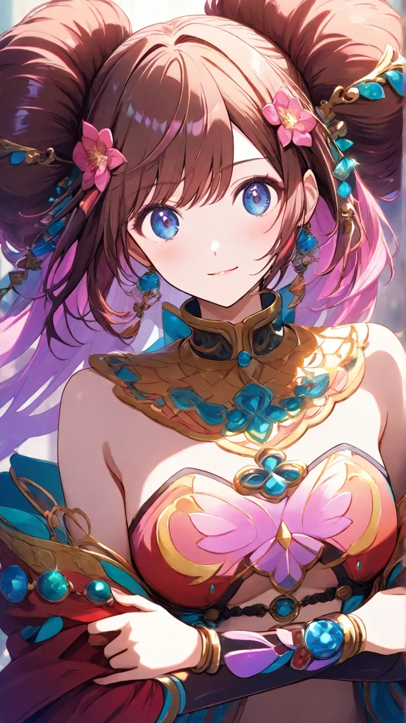 high quality　best image quality　Super Detail　high quality　4K 8K colorful dancer 　hide your chest with your arms　long brown hairstyle　  pink flower hair ornament  　 medium chest