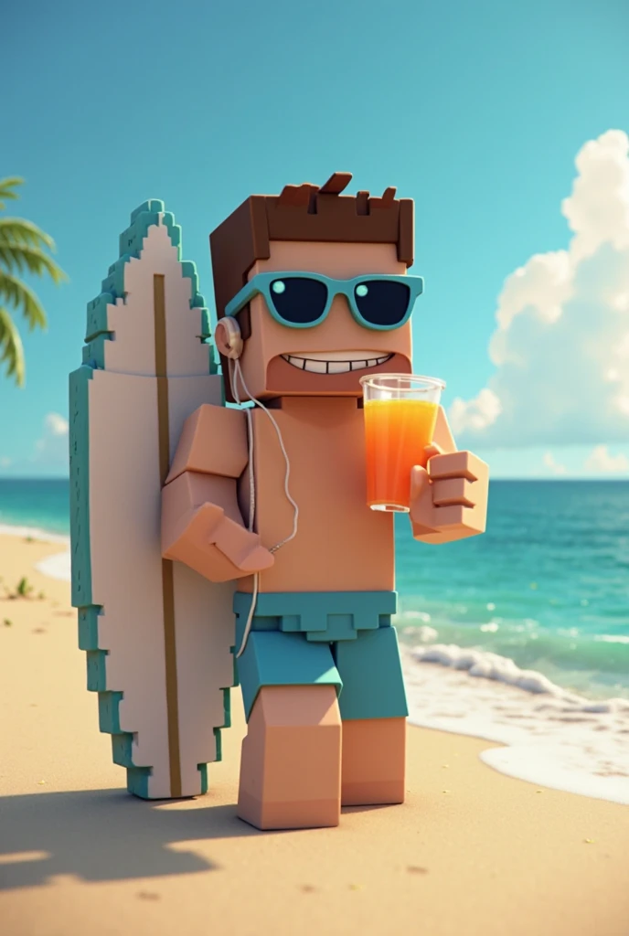 minecraft steve with sun glasses surfing and listening music with earphones and drinking juice