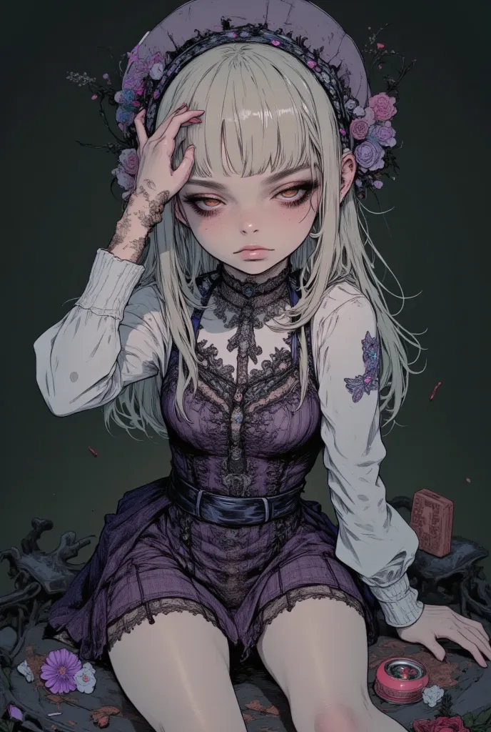 American comic style, illustration, girl, Gothic & Lolita, Lolita, dress, hat, daughter, doll, classic dress, Cover one eye with your hand, Strong shadow, cute, flowers, high detail, Dark expression, pale face, high resolution, flashy makeup, hard touch il...