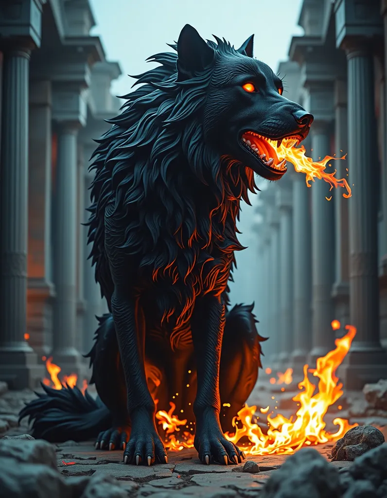 Black dog, spitting flames, heroic fantasy style. It has a mountain, wave and wind drawing on its body. It is located in the corridor of a castle