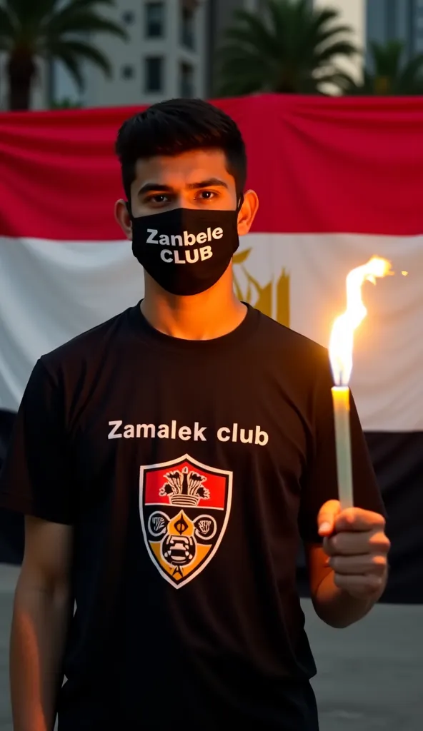 Pictures of a young man holding a torch in his hand and wearing a Zamalek Club T-shirt. The T-shirt is black and has the Zamalek Club logo on it. Behind the young man is the club’s flag. His face is covered from the eyes and shaded in black. He is wearing ...