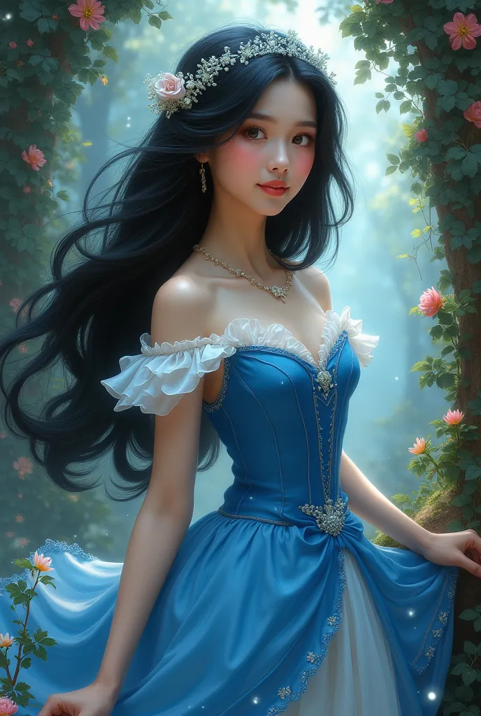 Princess Snowwhite wearing blue dress on a picture halfbody