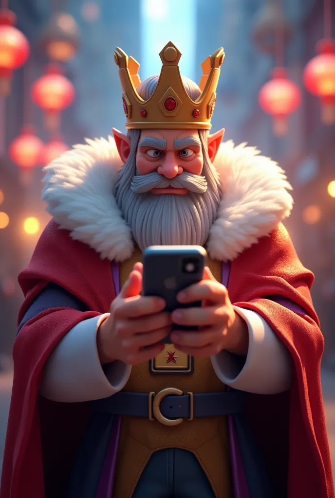 Game characters from the company Supercell,The king holding a cell phone and playing his own game,realistic details,ultra detailed,studio lighting,rendering-based physics,vivid colors,bokeh,fantastic scenery,concept art,digital illustration,4k,Masterpiece