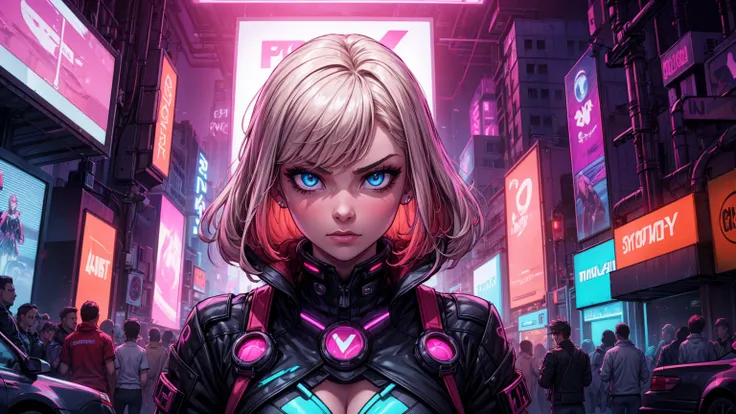 girl, synthwave, neon, car, vibrant, detailed portrait of a young woman, beautiful female face, piercing eyes, intense expression, synthwave-inspired cyberpunk style, neon lights reflecting on her skin, vibrant colors, futuristic cyber-infused atmosphere, ...