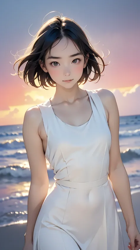 one girl, (18 years old:1.4),(Very Young Face), (japan Person famous idol), face, cute face, ash gray hair:1.5, bob hair, short hair, camera's line of sight, small breasts, An ennui look, (dress:1.4) , particles of light, sea of ​​sunset, calm sea, white s...