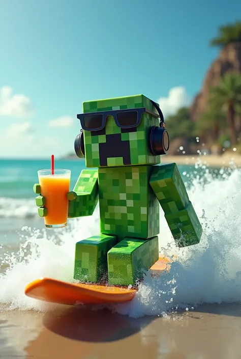 minecraft creeper with sun glasses surfing and listening music with earphones and drinking juice
