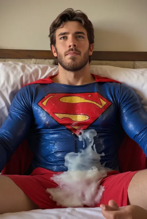 Hotel, bedroom, a handsome man, blue eyes, brunete hair, he is wearing a superman costume is feeling orgasm, (his superman costume is a damp full body costume:1.4). his uncle is muscular, he has nice bulge, uncle has a big dick. the uncle feels painful exh...