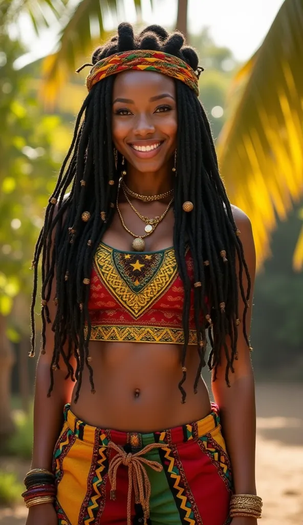 A stunningly beautiful woman with deep, expressive eyes and a confident, radiant smile. Her long, well-maintained Rastafarian dreadlocks cascade over her shoulders, with some adorned with golden beads and small wooden ornaments. She wears a stylish, vibran...