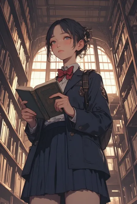 A young Asian woman, in her late s or early twenties, is standing in a library, looking down at a book. She is wearing a navy blue school uniform jacket and a pleated navy blue mini skirt.  A red bow tie is visible at the collar of the jacket.  Her skin is...