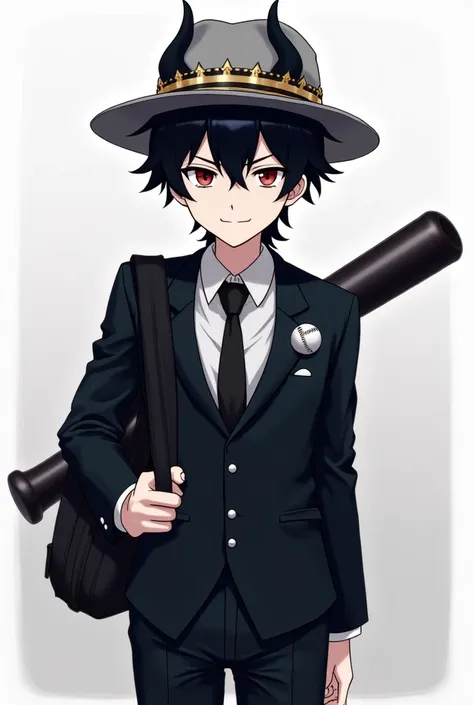 A man with an anime body with a white skin wearing a gray fedora, wearing a tiara of the Abyssal Guardian, wearing a black horned crown of Eternity, wearing a black suit, a white shirt under the suit, plain black pants with a mean face and a lot of hair su...