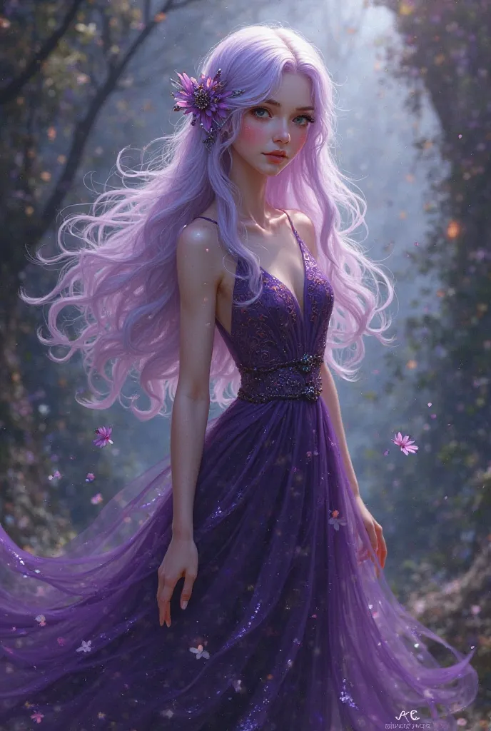 Light purple hair　fairy girl in dark purple dress