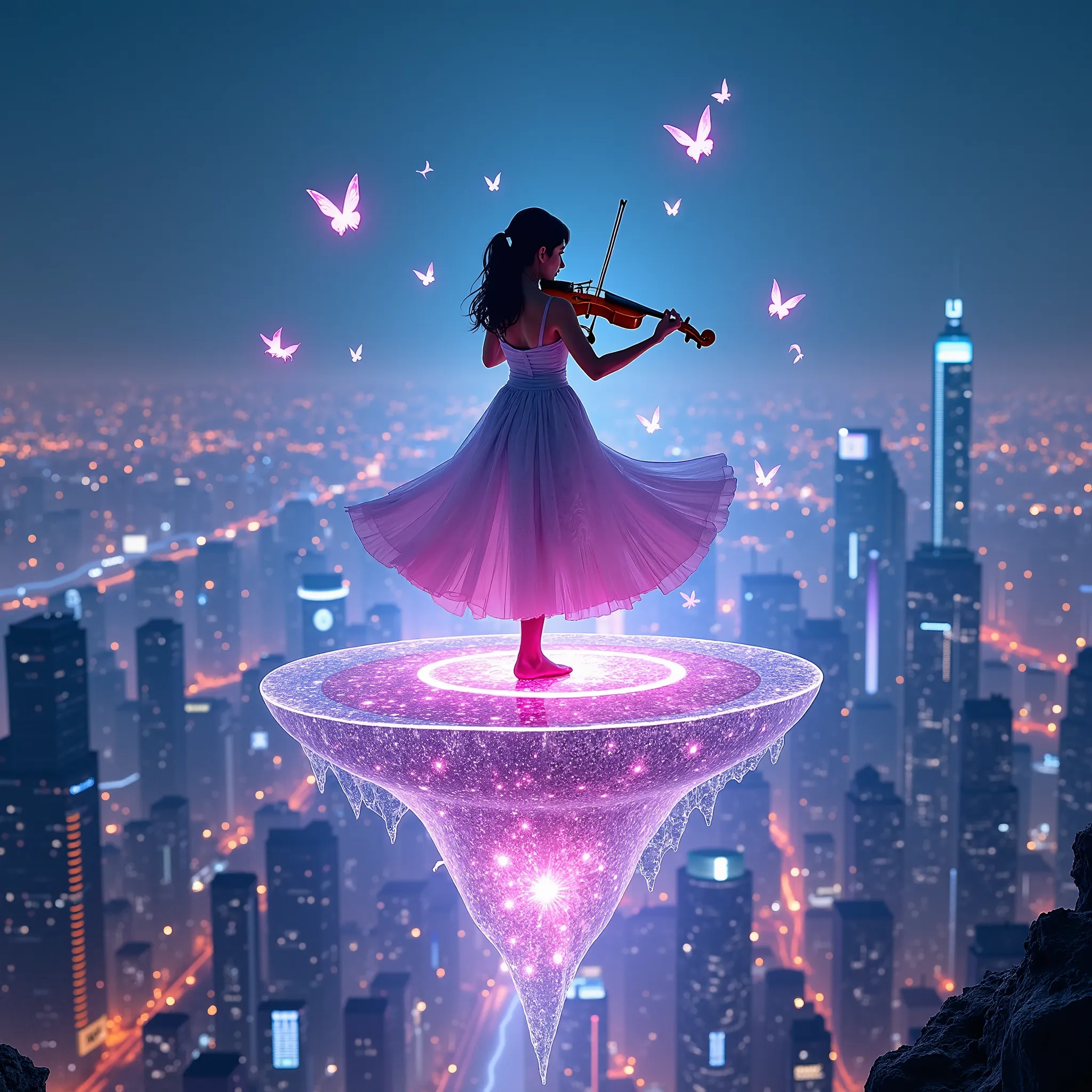 (masterpiece, exceptional quality, vibrant color palette, dreamlike atmosphere)
A mysterious young violinist stands gracefully atop a floating crystal island drifting silently above a luminous neon-lit futuristic metropolis at night. She plays passionately...