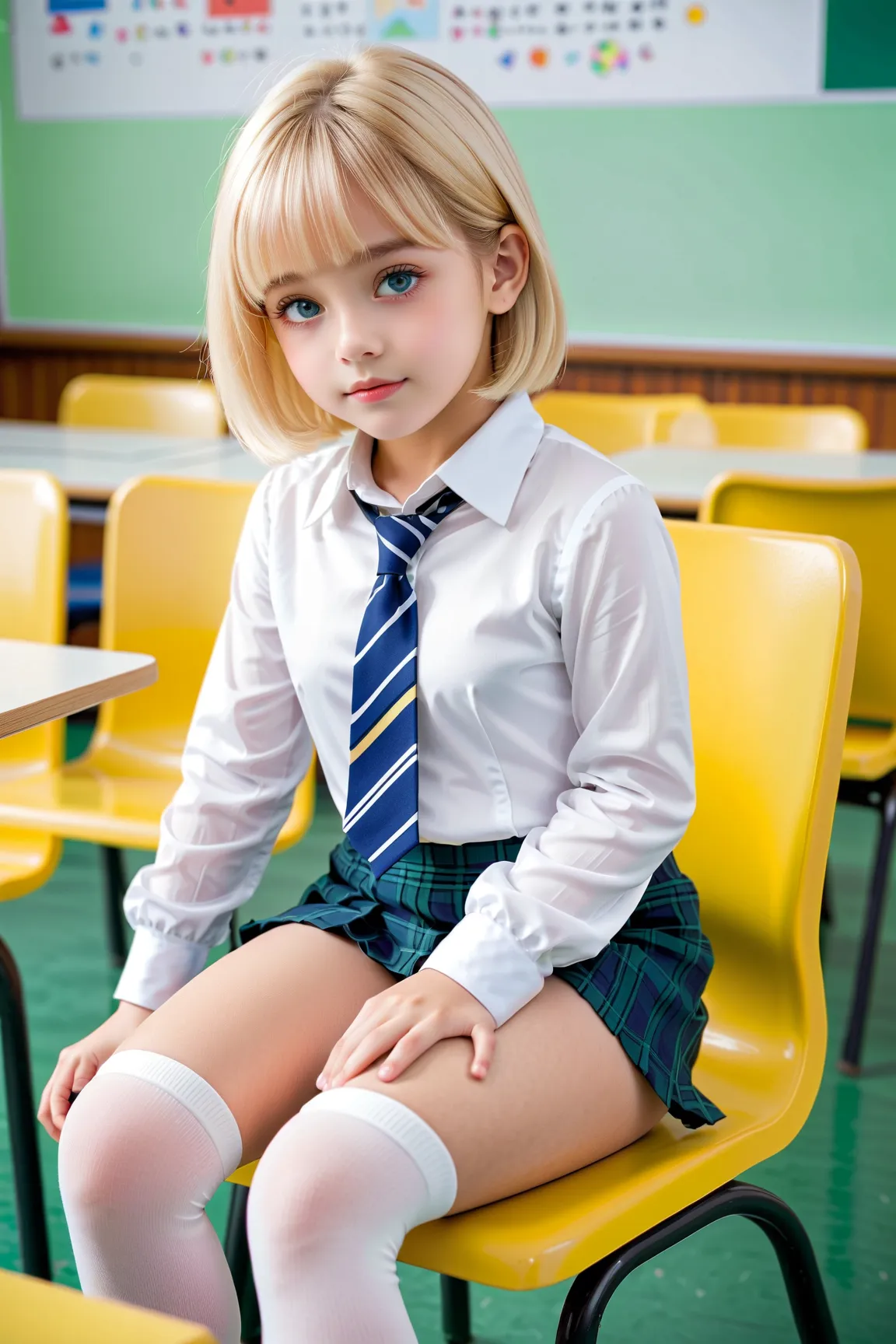  Young cute kindergarten girl    ，  in tight caucasian elementary school student outfit  ，   White Socks   。   She should look natural       ，【【crop， bending  ，Small Physics     （130 cm），    huge breasts，    Big Blue Eyes    ，   blonde short hair，     took...