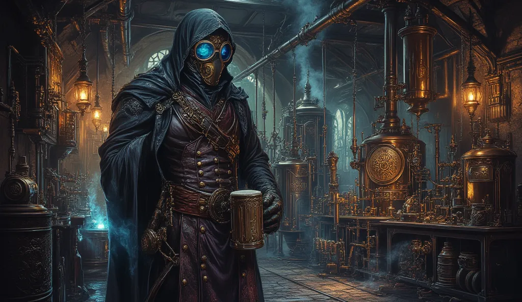 A dark, atmospheric steampunk brewery bathed in the glow of flickering brass lanterns and the eerie shimmer of arcane energy. The walls are lined with towering copper tanks, their surfaces tarnished and streaked with oily residue. Intricate networks of pip...