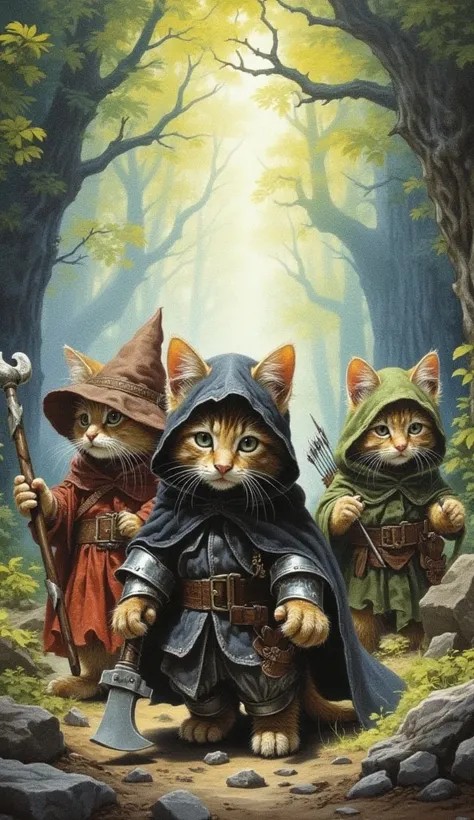 three anthropomorphic kittens, one in front with a black hood on its head and silver armor underneath wielding an ax, on the left side a cat with a brown wizard's hat wielding a staff with a red tunic and on the right side a cat with a green hood wielding ...