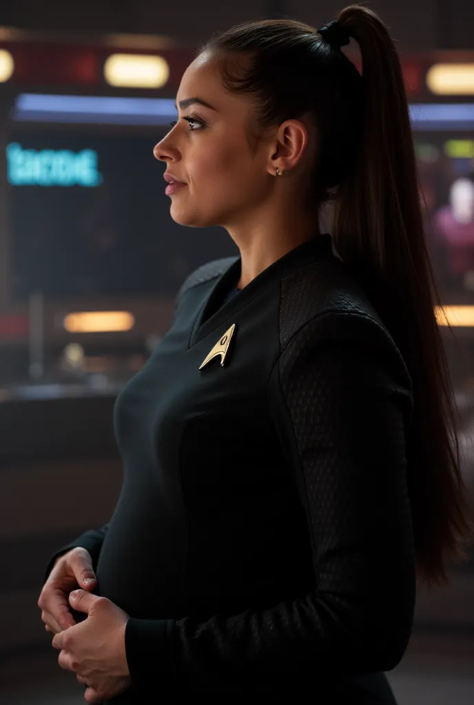 A beautiful youthful looking Hispanic version of Ariana Grande as a 40 years old pregnant woman with long her comple  hair in a high ponytail wearing a star trek star fleet uniform with the rank of captain she is on the bridge of the starship USS Enterpris...