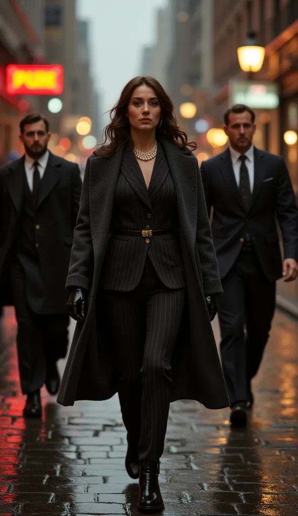 A stunning 20-year-old Canadian woman walks with unwavering confidence, embodying the aura of a powerful old-school mafia boss. Her elegant yet commanding presence is undeniable, with striking features that blend beauty and intimidation. Her sharp eyes and...