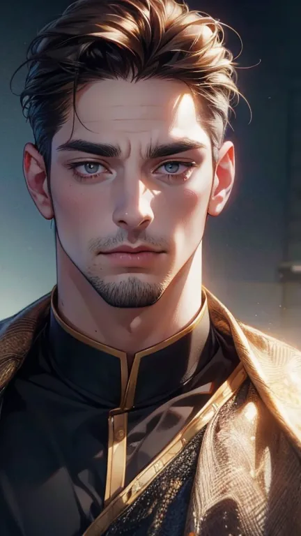 (   best quality,4K,8k,   highres,   masterpiece :1.2),   breasts   ,(Realistic,photoRealistic,photo-Realistic:1.37),36-year-old man,3 day beard,Beautiful anime,Portraits,strong,masculine,    with dark hair  ,sharp jaw,  mesmerizing golden eyes  ,   perfec...