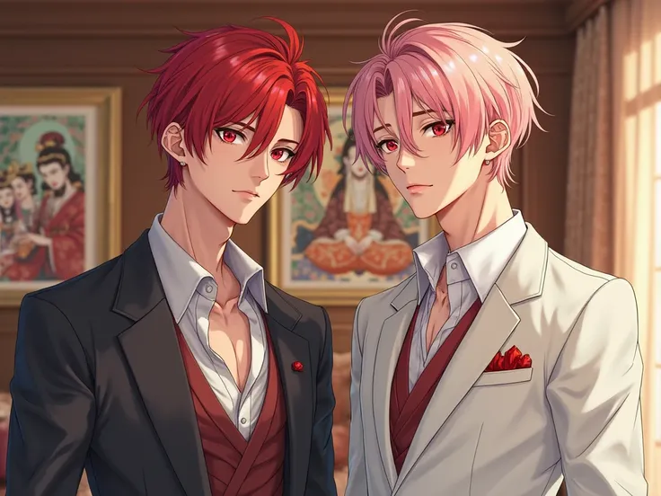 I want a Japanese anime family with two 18-year-old sons with red and pink hair 
Well dressed, With scarlet eyes in their hotel
In the background, There are photos of Japanese gods.